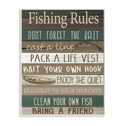 Stupell Industries Rustic Fishing Rules Sign Brown Green Beige Wood Wall Plaque